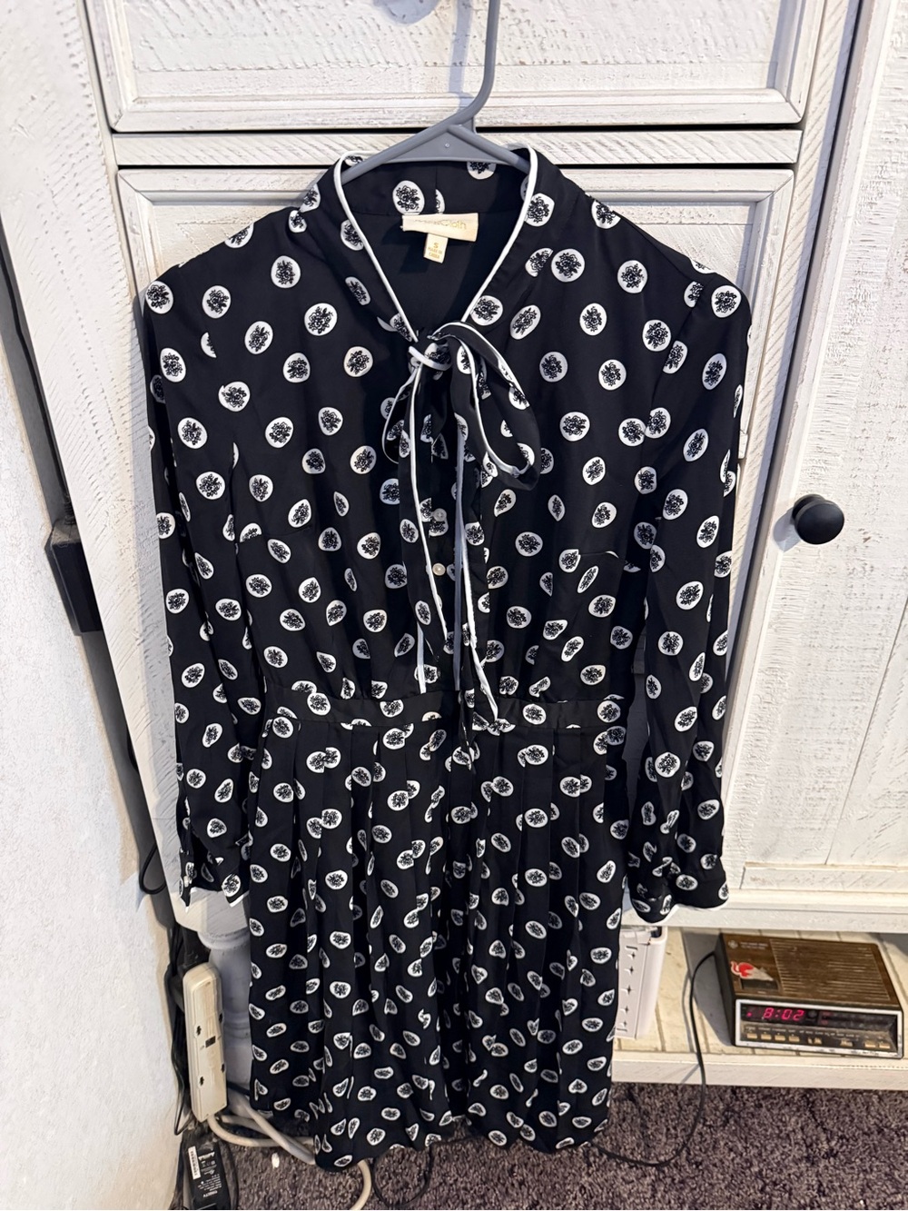 Modcloth Black and White Long Sleeve Polka Dot Tie-Neck Dress
